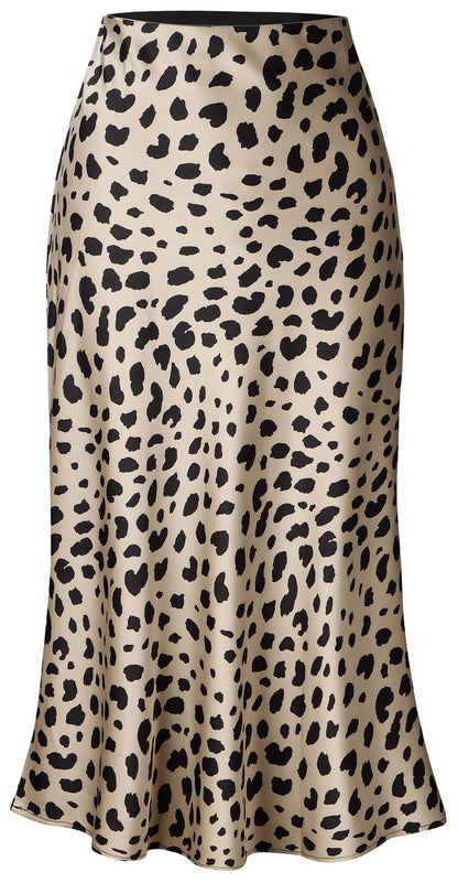 Keasmto Leopard Skirt for Women Midi Length High Waist Silk Satin Elasticized Cheetah Casual Ladies Skirts