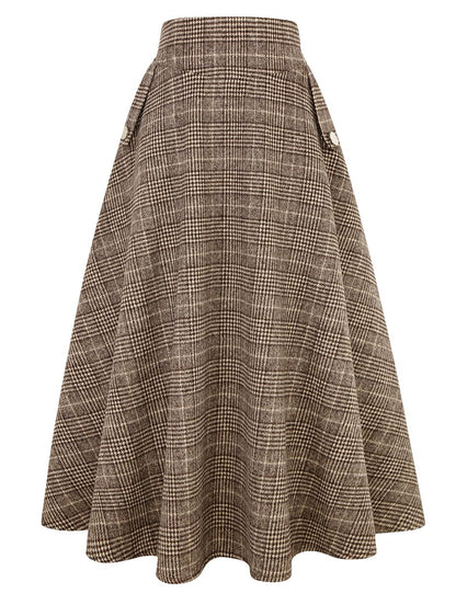 IDEALSANXUN Women’s Fall Winter High Waisted Wool Plaid A-line Long Skirt
