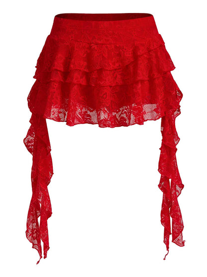 Women's Y2K Mini Skirt Ruffle Lace Mesh Asymmetrical Flowy Short Skort
