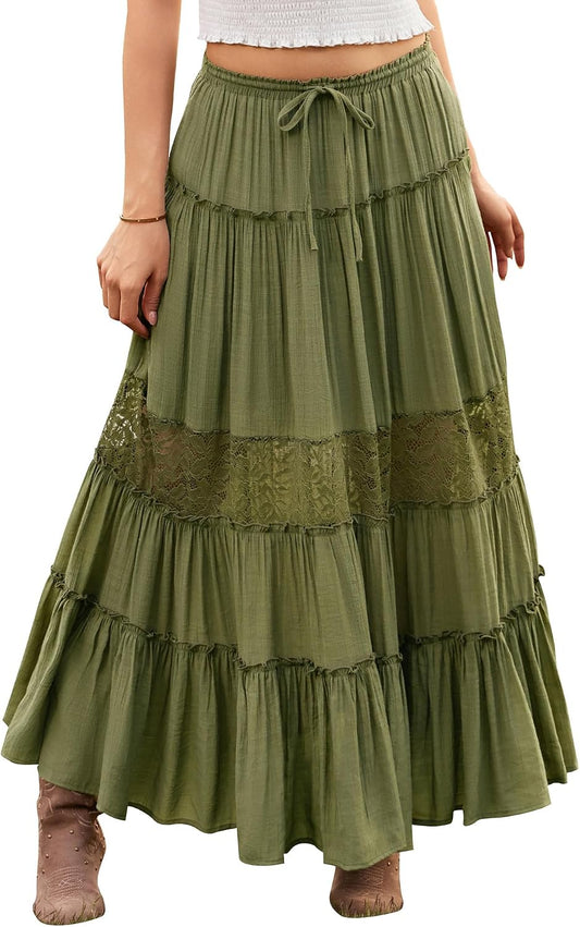 Scarlet Darkness Women's Boho Maxi Skirts Flowy Lace Long Renaissance Skirt