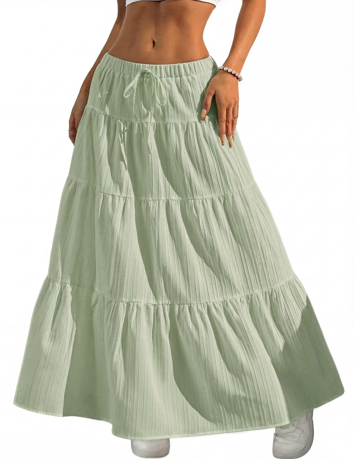DERAX Women's Boho Flowy White Maxi Skirt Ruffle Elastic Waist Long Skirts