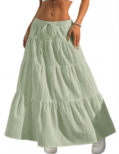 DERAX Women's Boho Flowy White Maxi Skirt Ruffle Elastic Waist Long Skirts