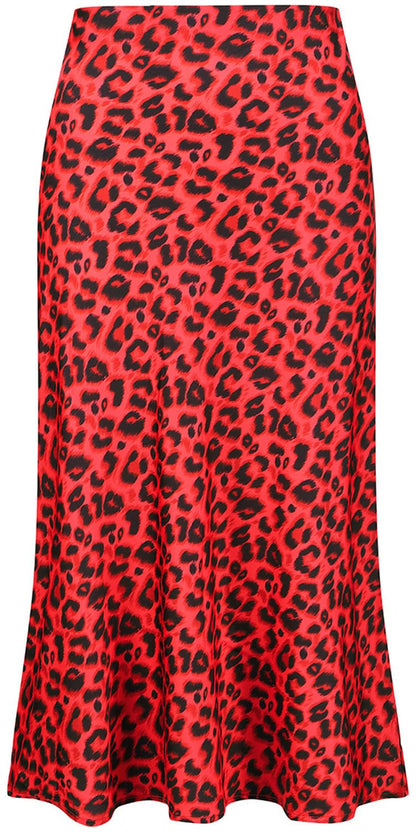 Keasmto Leopard Skirt for Women Midi Length High Waist Silk Satin Elasticized Cheetah Casual Ladies Skirts
