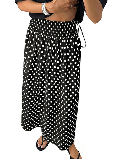 Tankaneo Womens Polka Dot Maxi Skirts Boho Smocked High Waisted Tie Skirt