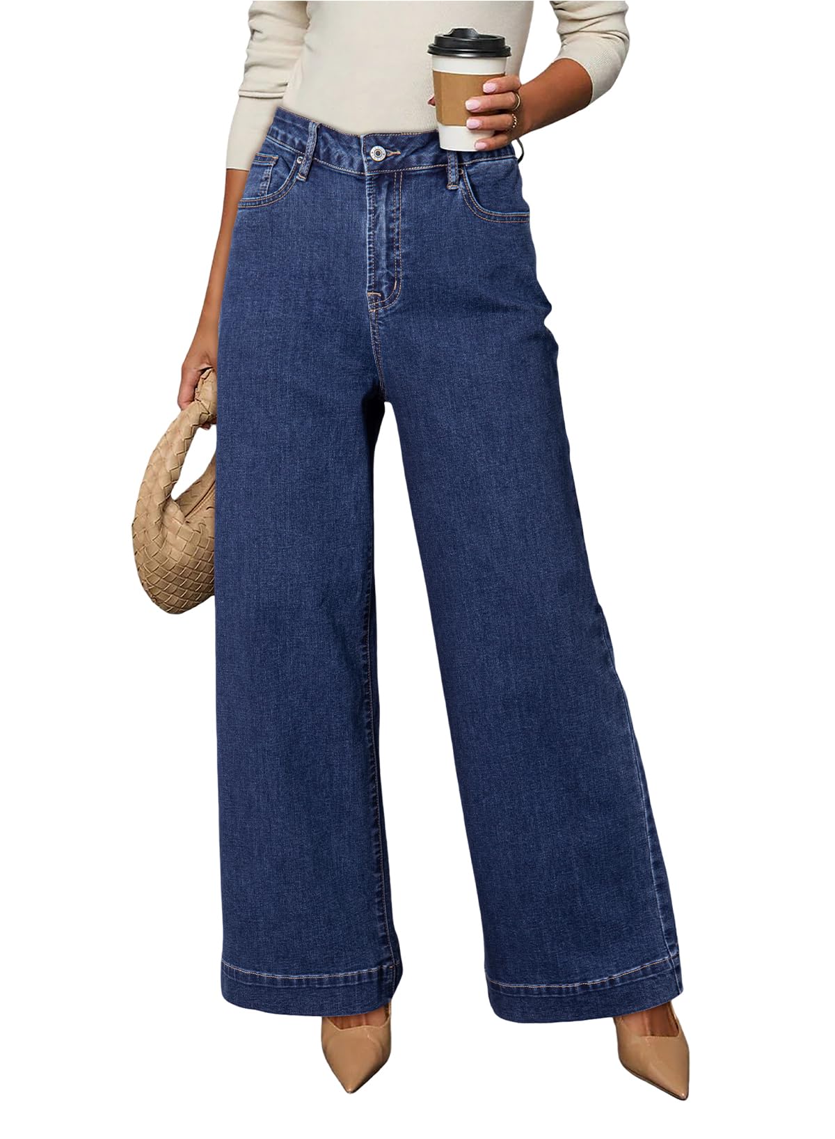 Dokotoo Women's Casual High Waisted Jeans Stretch Wide Leg Loose Denim Pant