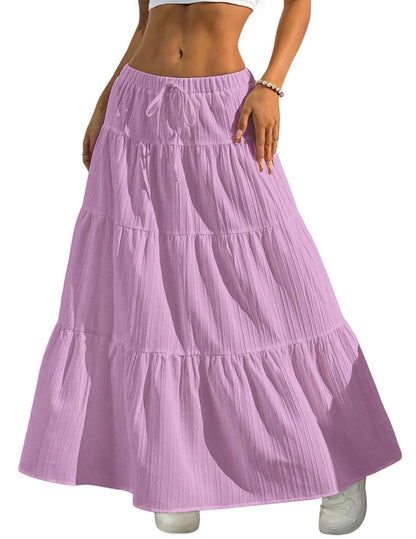 DERAX Women's Boho Flowy White Maxi Skirt Ruffle Elastic Waist Long Skirts