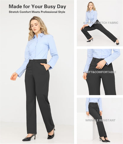 Bamans Dress Pants Women Work Business Office Straight Leg Slacks