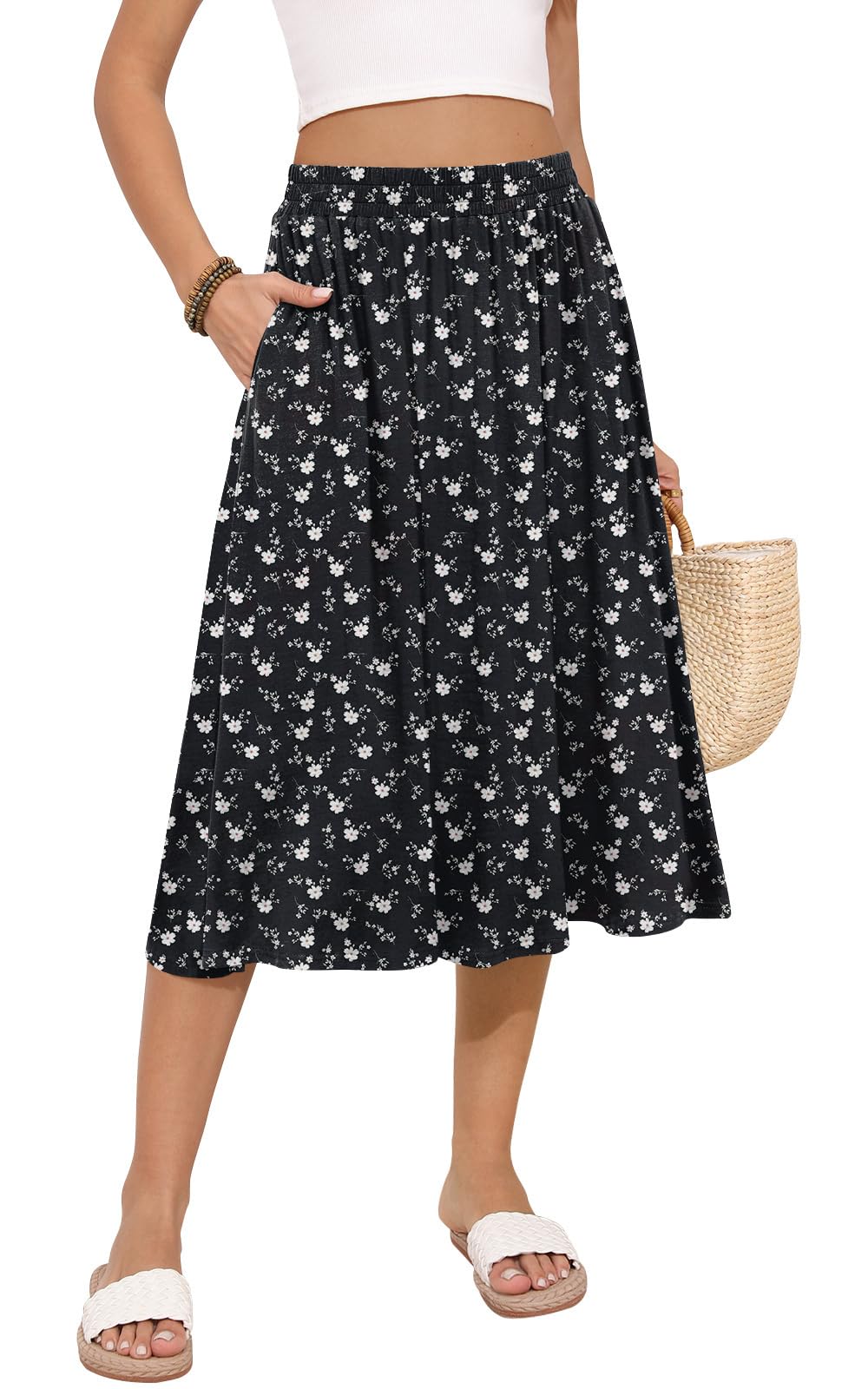 MLXSJ Women's Midi Skirt Summer Flowy Casual Skirts with Pockets S-3XL