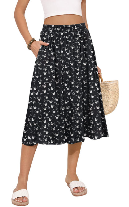 MLXSJ Women's Midi Skirt Summer Flowy Casual Skirts with Pockets S-3XL