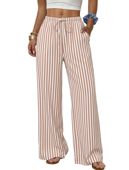 Sampeel Wide Leg Pants for Women Flowy Palazzo Drawstring Elastic Waist Trousers with Pockets Summer Beach Vacation Clothes