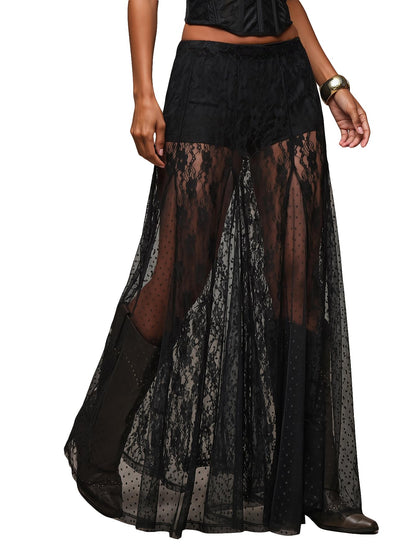 MakeMeChic Women's Lace Sheer Maxi Skirts Polka Dots Ruffle Gothic Skirts