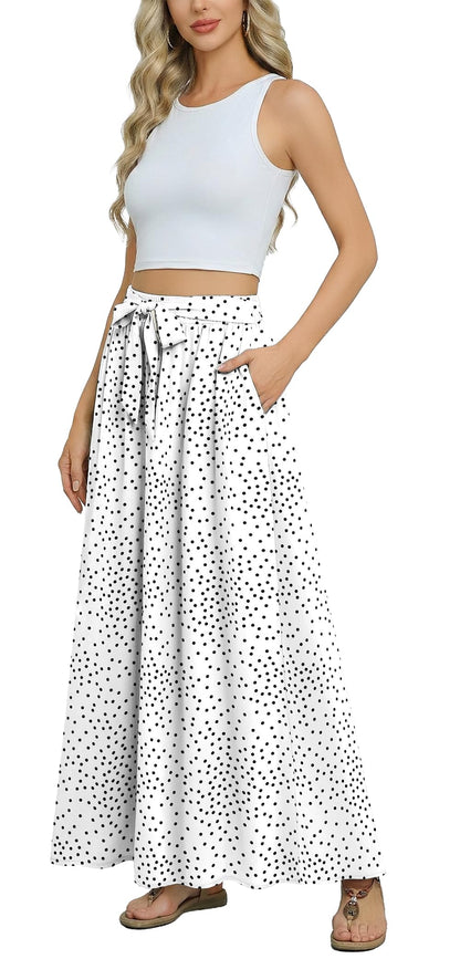 Askyes Womens Maxi Skirt Summer Trendy Tie Knot Elastic High Waisted Boho Casual Beach Flowy Swing Long Skirts with Pockets