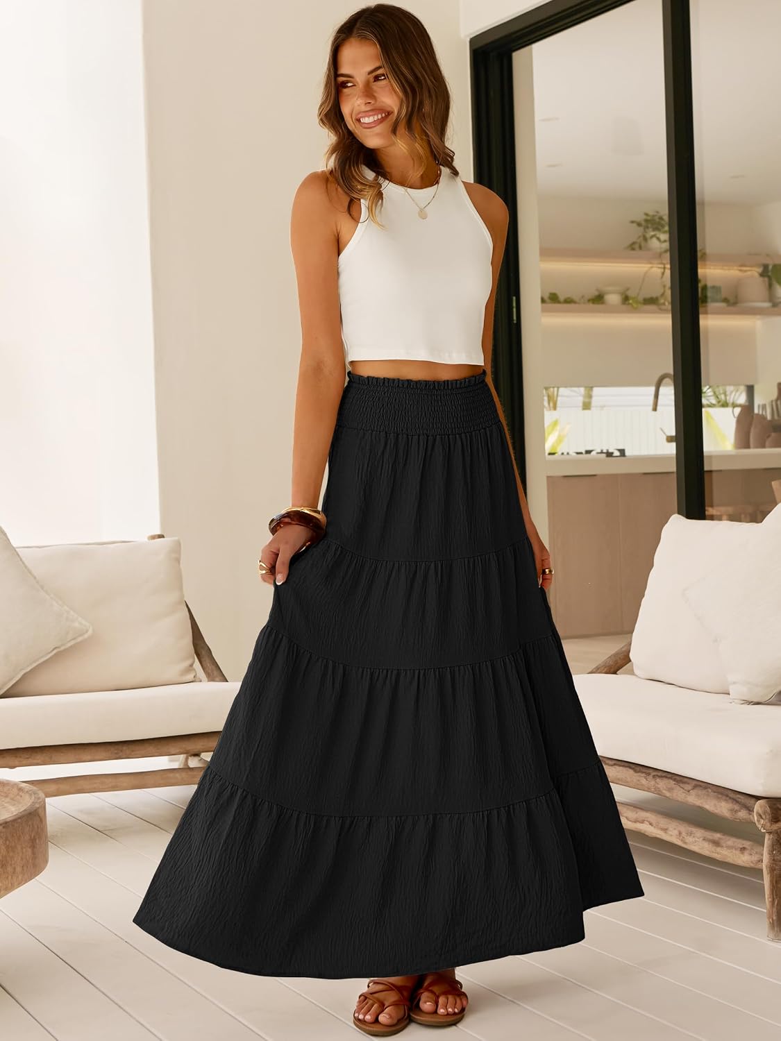 ANRABESS Womens Maxi Skirts, Elastic High Waist A-Line Tiered, Long Flowy Boho Skirts, Summer Casual Beach & Vacation Wear