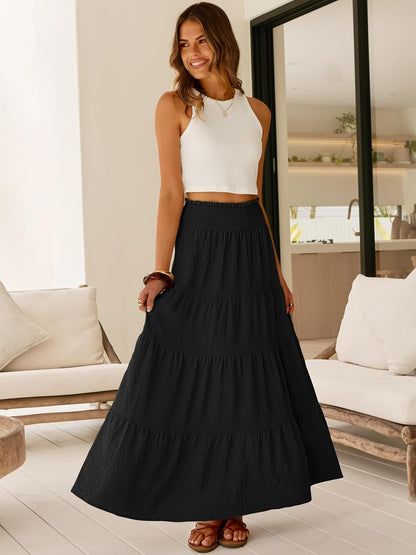 ANRABESS Womens Maxi Skirts, Elastic High Waist A-Line Tiered, Long Flowy Boho Skirts, Summer Casual Beach & Vacation Wear
