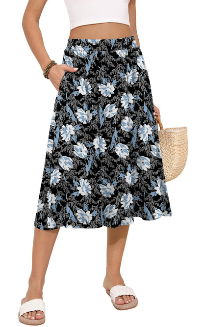 MLXSJ Women's Midi Skirt Summer Flowy Casual Skirts with Pockets S-3XL