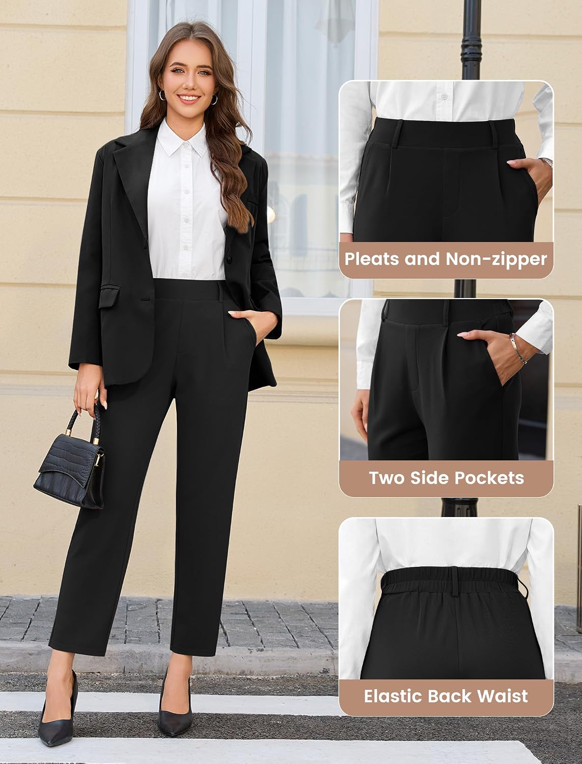 AB-Eleven Womens Straight Leg Dress Pants Stretchy Work Slacks with Pockets