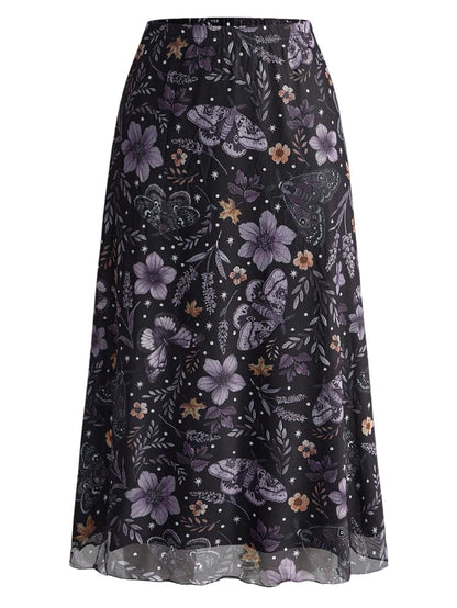 Milumia Women's Floral Mesh Midi Skirt Elastic A Line Whimsical Skirts