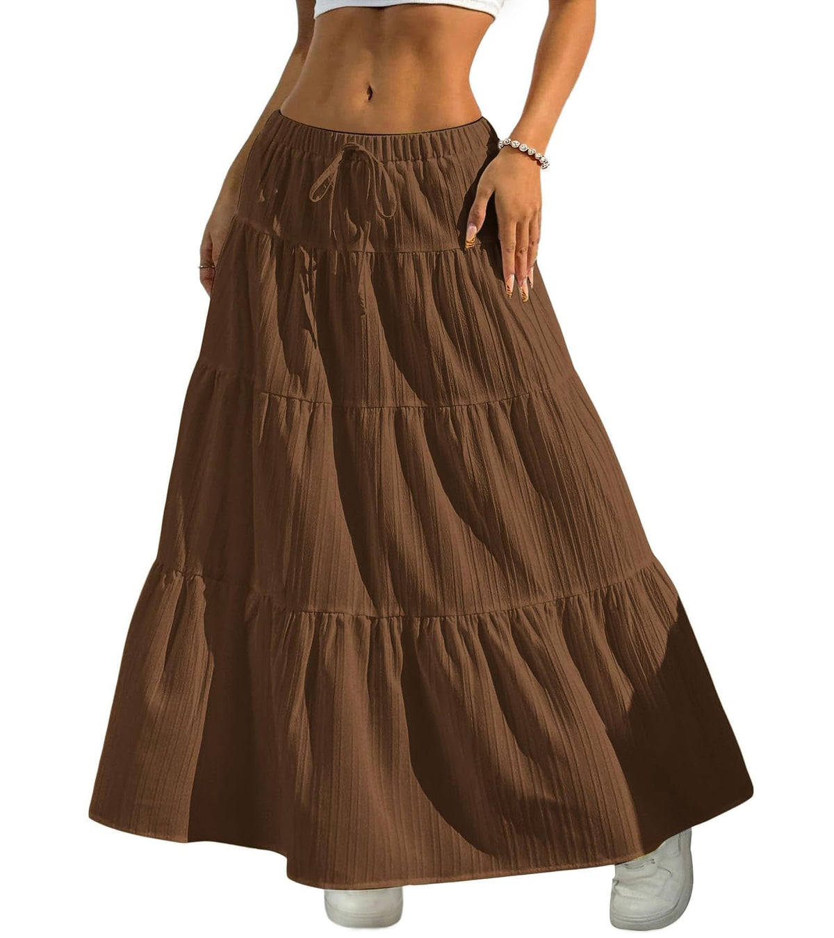 DERAX Women's Boho Flowy White Maxi Skirt Ruffle Elastic Waist Long Skirts