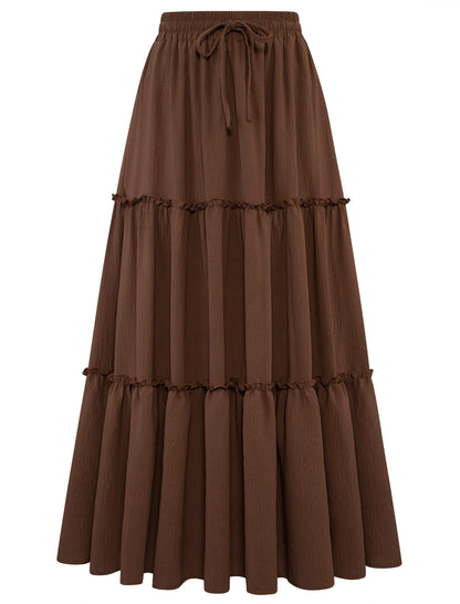 Arolina Women's Summer Maxi Skirt Trendy High Waist Pleated Ruffle Long Skirts Flowy Beach Boho Skirt Dress with Pockets