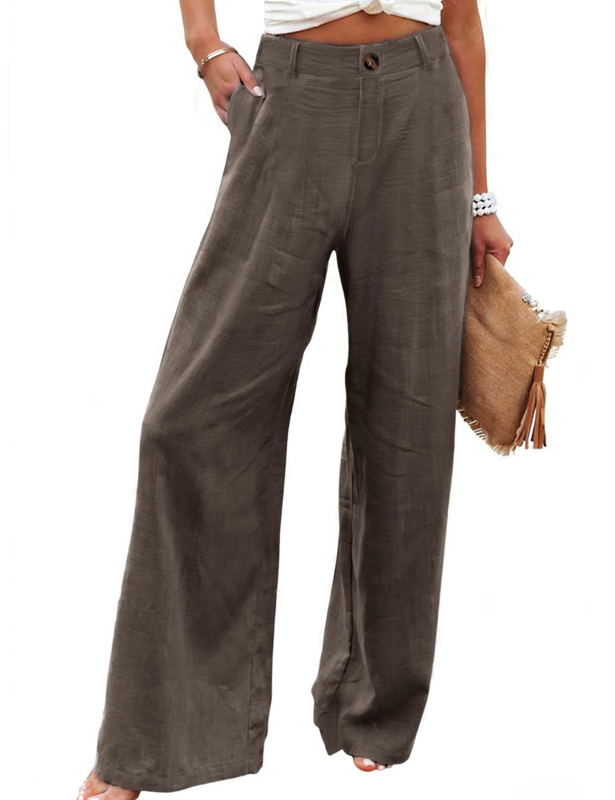 Hooever Womens Cotton Linen Pants Casual Button Up High Waisted Wide Leg Trousers
