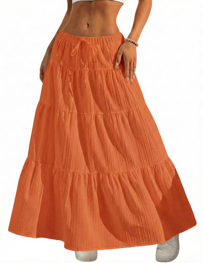 DERAX Women's Boho Flowy White Maxi Skirt Ruffle Elastic Waist Long Skirts