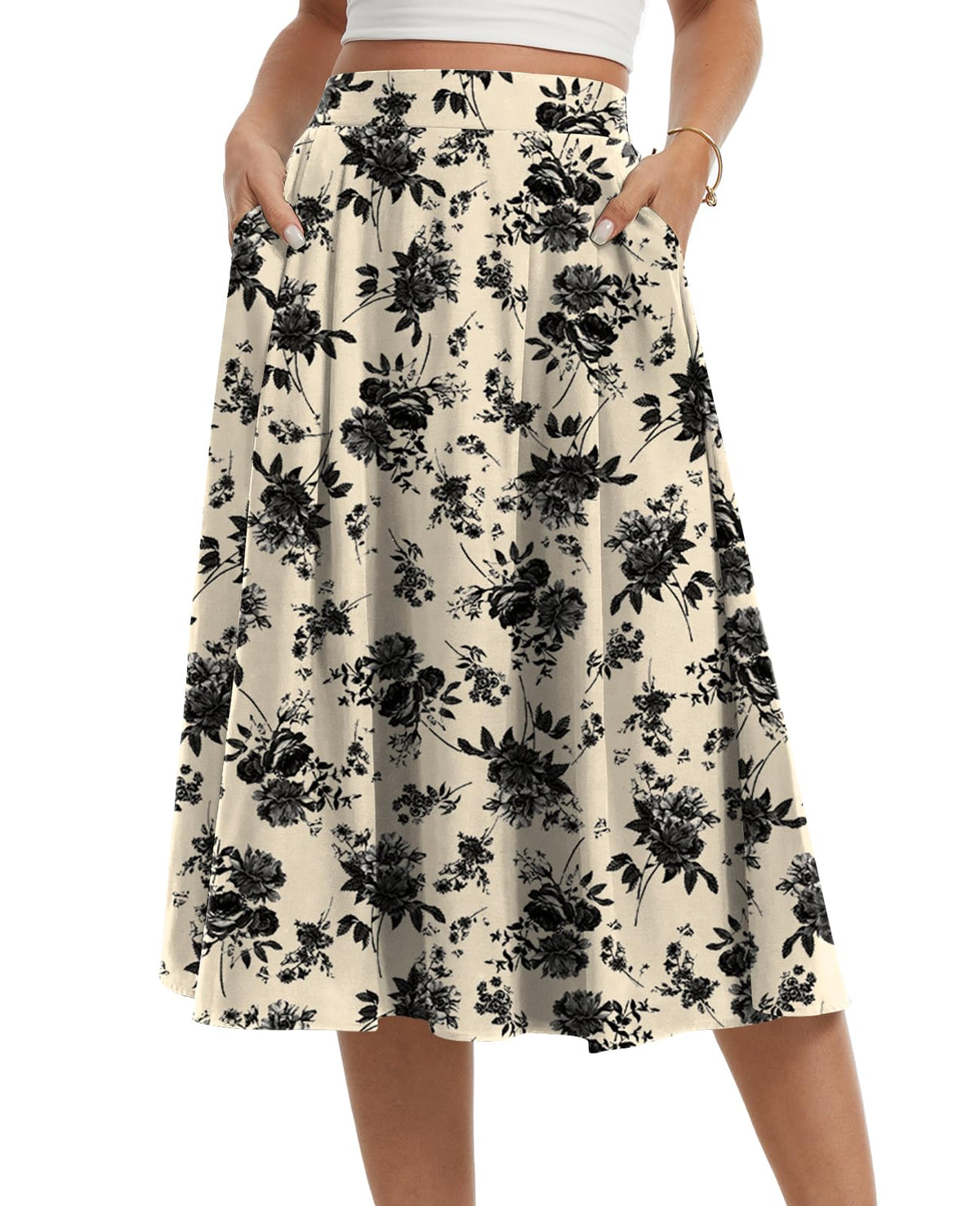 Womens Midi Flowy Skirts A-Line Casual Skirt with Pockets S-2XL