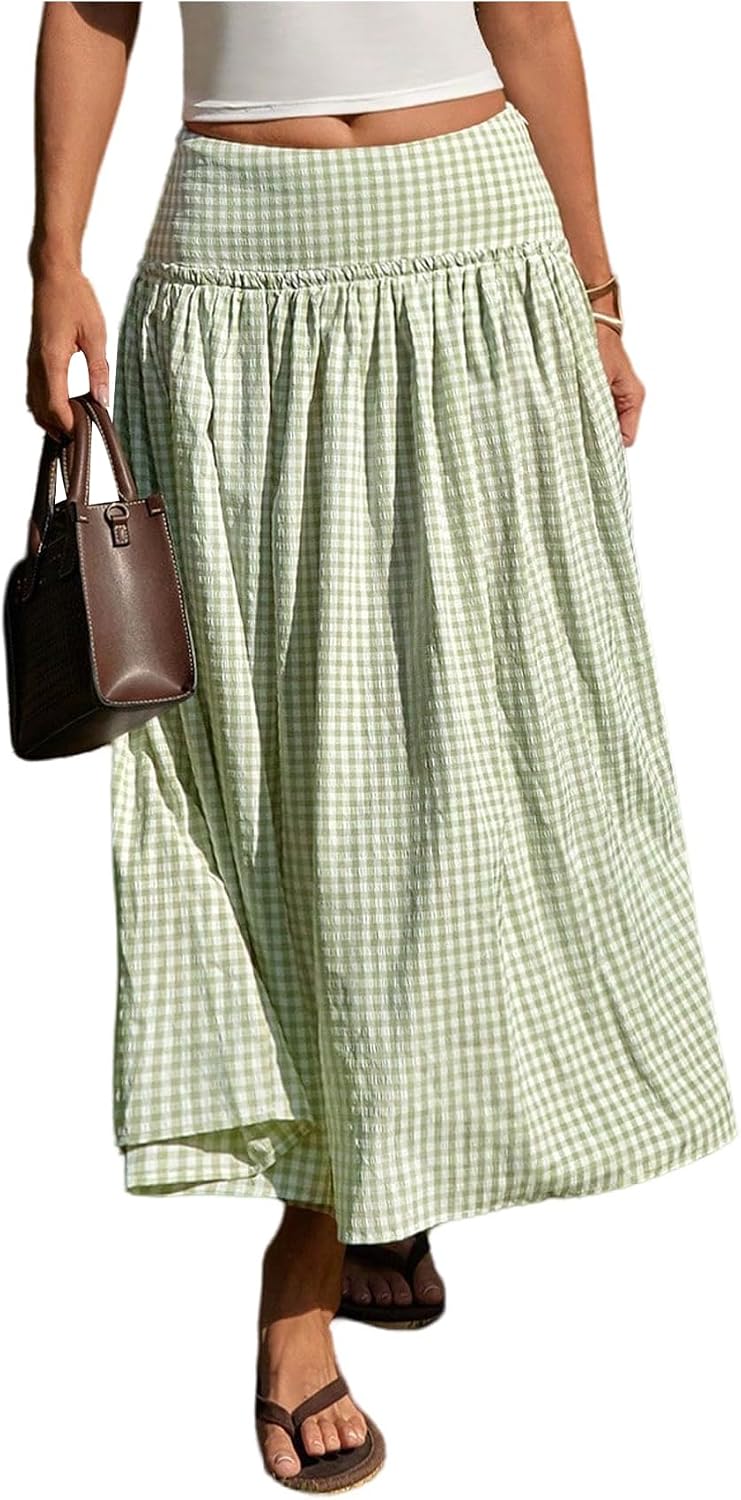 MakeMeChic Women's Plaid Gingham Maxi Skirt Low Waist Flowy Long Skirts