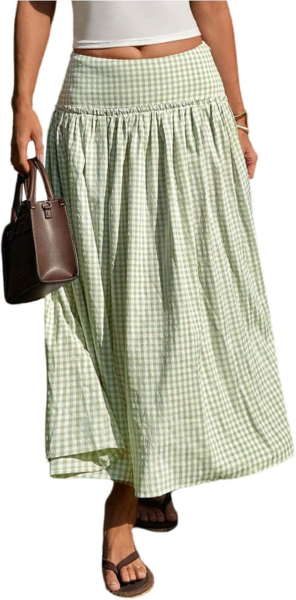 MakeMeChic Women's Plaid Gingham Maxi Skirt Low Waist Flowy Long Skirts