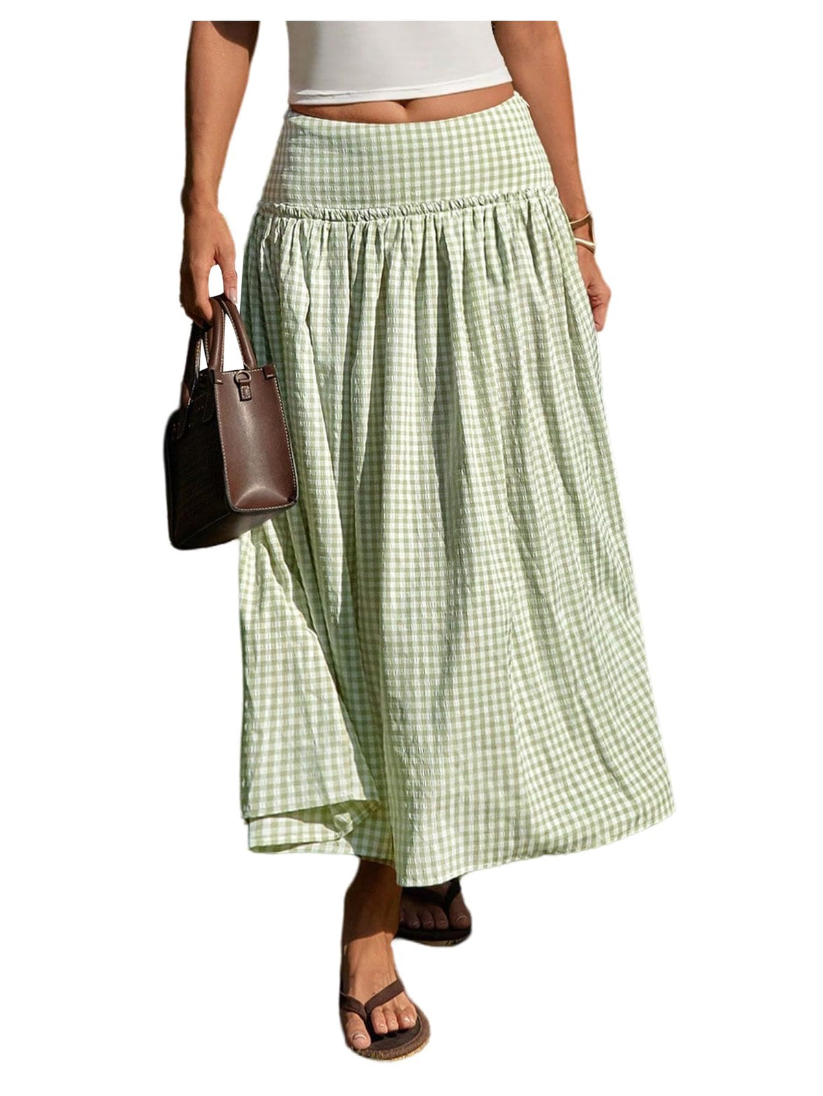MakeMeChic Women's Plaid Gingham Maxi Skirt Low Waist Flowy Long Skirts