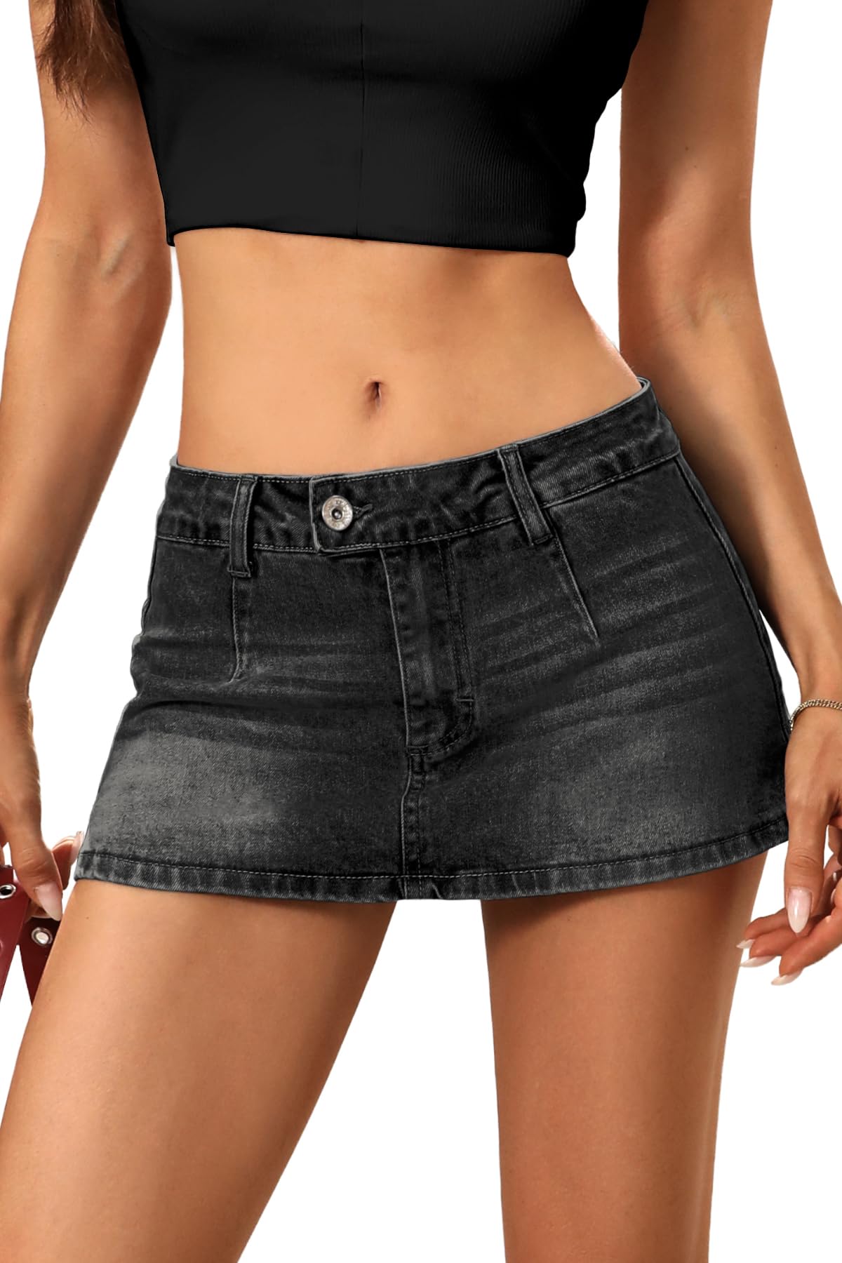 ELLEVEN Womens Low Rise Denim Mini Skirt, Jean Skirt with Shorts Underneath