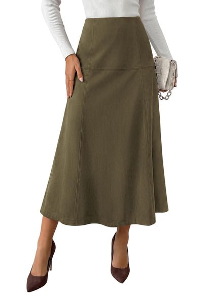 PRETTYGARDEN Womens High Waist Faux Suede A Line Midi Skirt