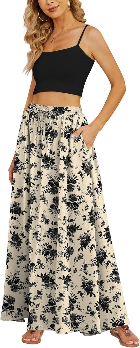 Yincro Women's Maxi Skirt Flowy High Waist Casual Long Skirts with Pockets
