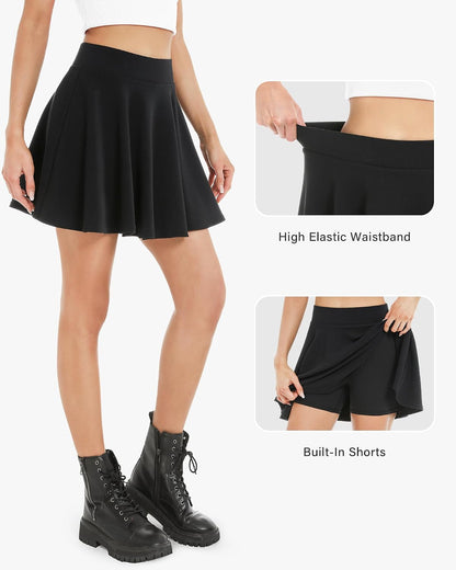 Stelle Women's Casual Skater Skirt Flared Pleated Mini Skort with Shorts