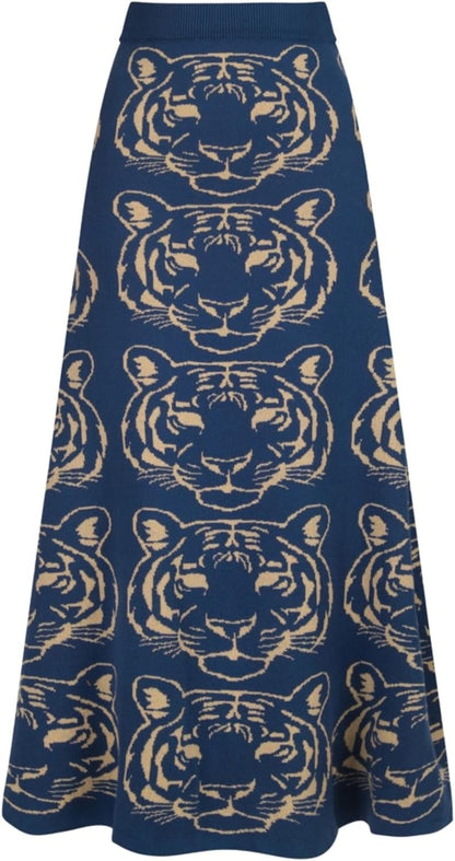 OXKnit Knittd Midi Skirts for Women, Mod Style Casual Retro Tiger Pattern High Waist A Line Cotton Blue Skirts