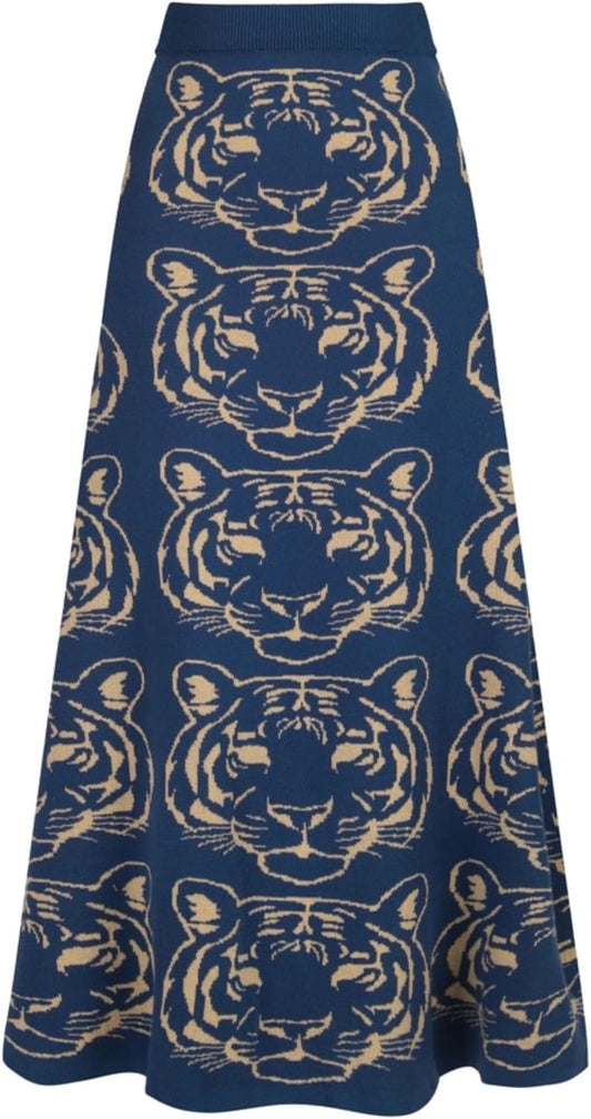 OXKnit Knittd Midi Skirts for Women, Mod Style Casual Retro Tiger Pattern High Waist A Line Cotton Blue Skirts