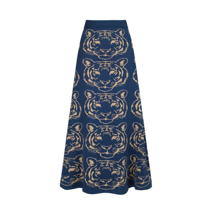 OXKnit Knittd Midi Skirts for Women, Mod Style Casual Retro Tiger Pattern High Waist A Line Cotton Blue Skirts