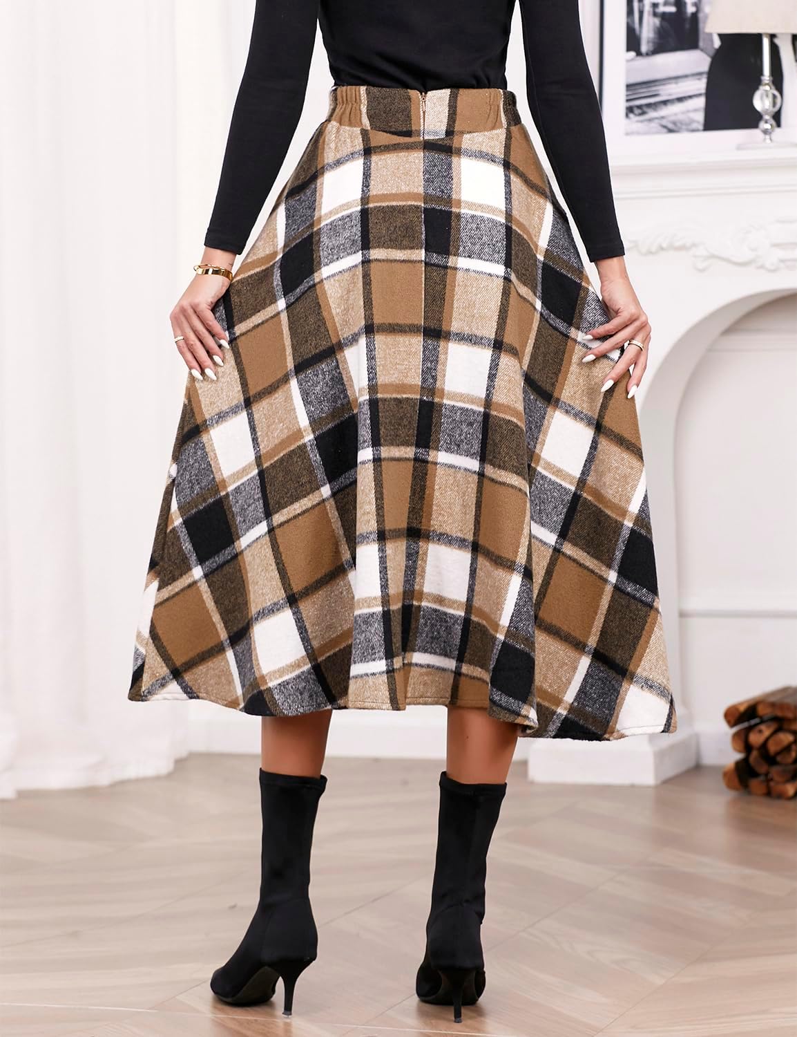 IDEALSANXUN Women’s Fall Winter High Waisted Wool Plaid A-line Long Skirt