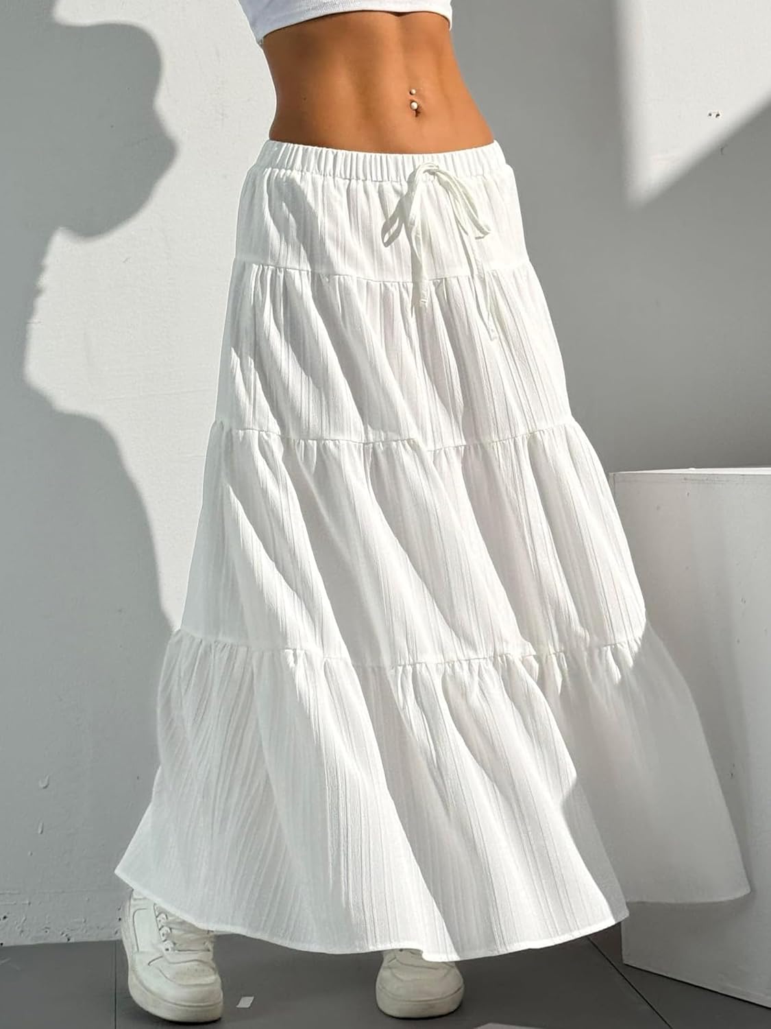 DERAX Women's Boho Flowy White Maxi Skirt Ruffle Elastic Waist Long Skirts