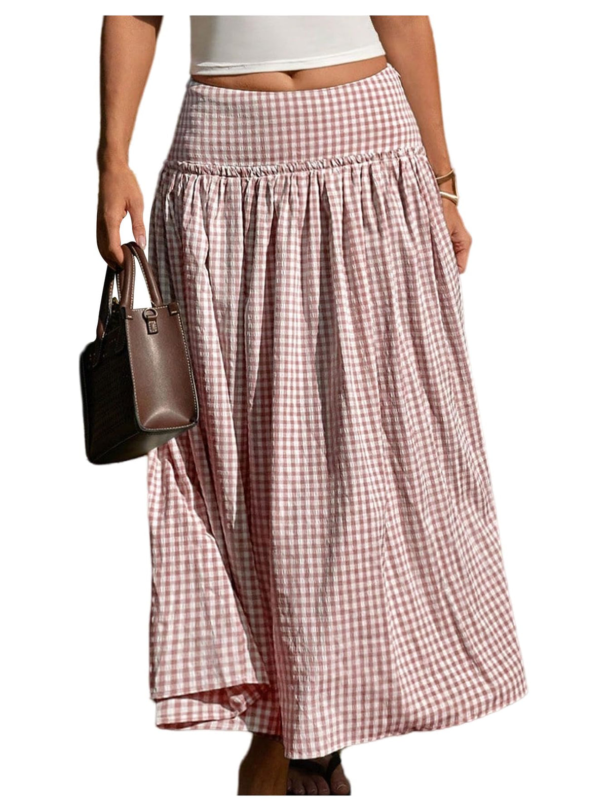 MakeMeChic Women's Plaid Gingham Maxi Skirt Low Waist Flowy Long Skirts