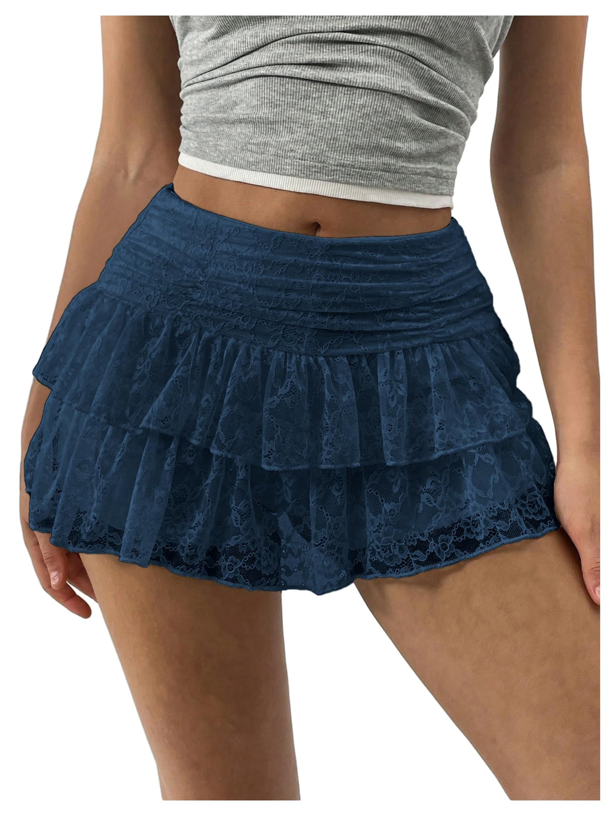 SHENHE Women's Y2K Lace Mini Skirt Hight Waisted Ruffle A Line Shorts
