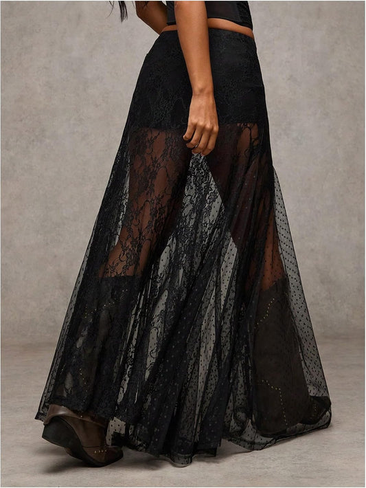 MakeMeChic Women's Lace Sheer Maxi Skirts Polka Dots Ruffle Gothic Skirts