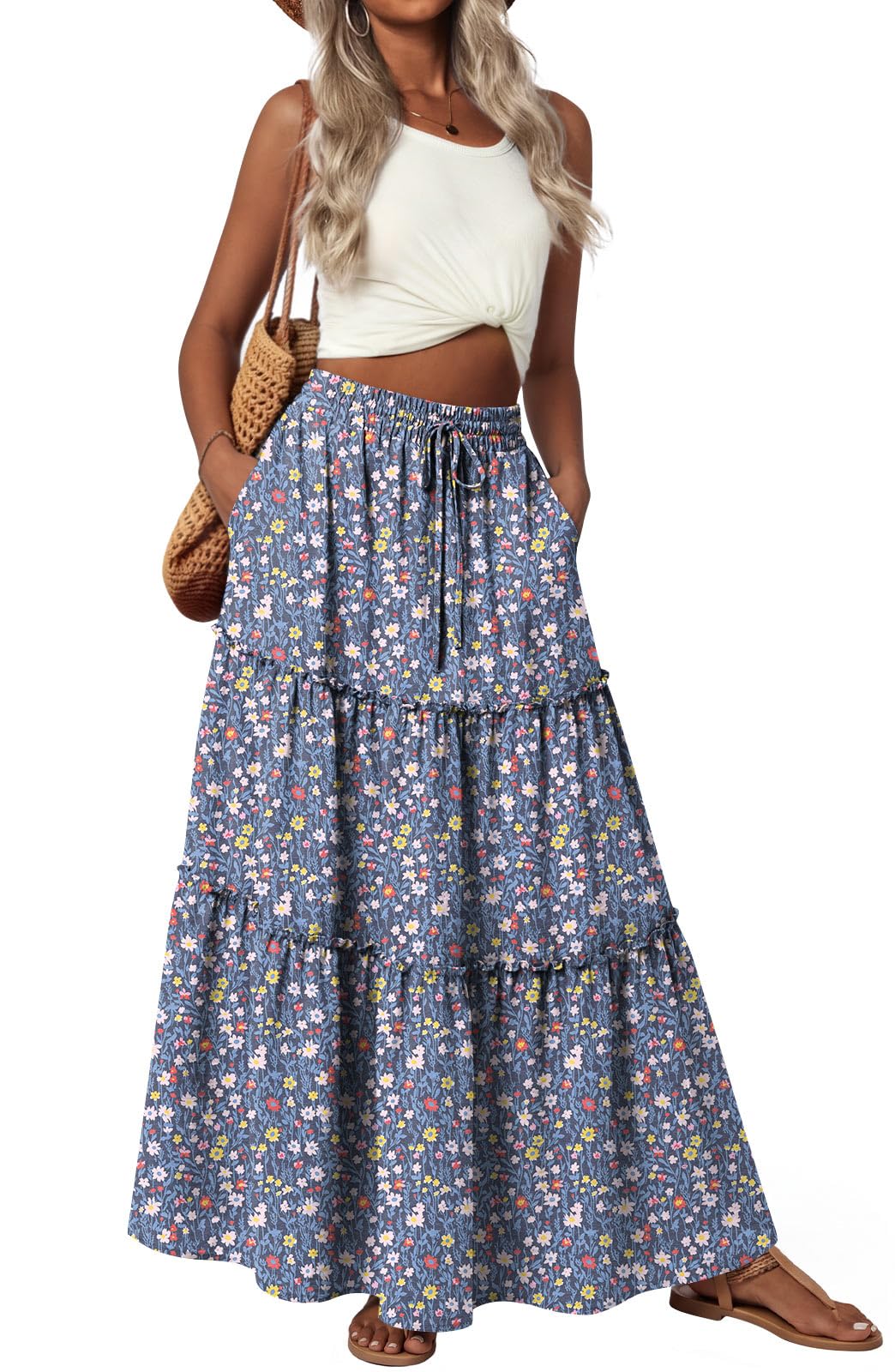 POPYOUNG Maxi Skirts for Women Long Flowy Boho Skirt Outfits