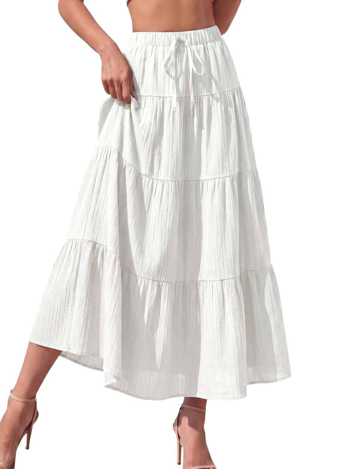 DERAX Women's Boho Flowy White Maxi Skirt Ruffle Elastic Waist Long Skirts
