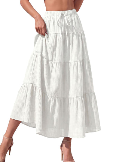 DERAX Women's Boho Flowy White Maxi Skirt Ruffle Elastic Waist Long Skirts