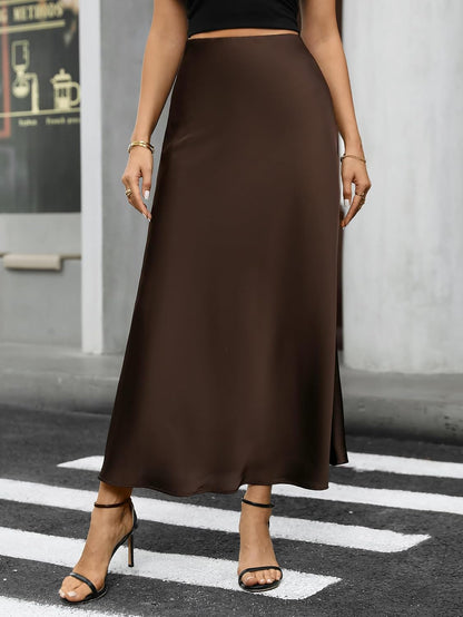 Women's Satin Long Skirt Summer High Waist A-line Skirt Hidden Elastic Waistband Elegant Casual Maxi Skirt for Women
