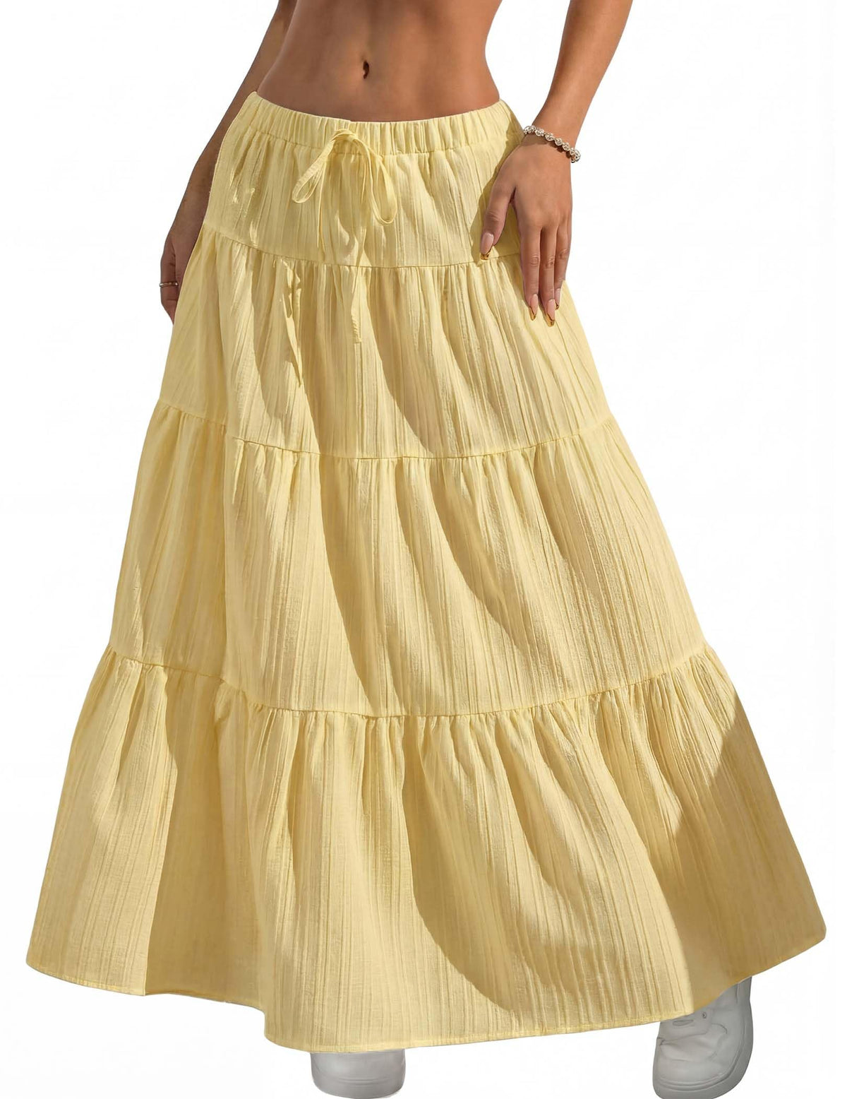 DERAX Women's Boho Flowy White Maxi Skirt Ruffle Elastic Waist Long Skirts