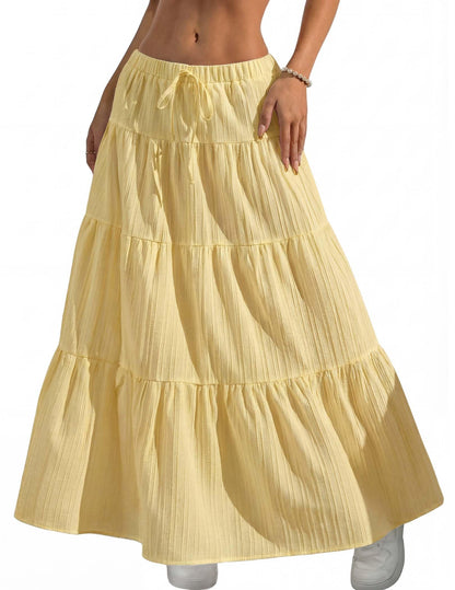 DERAX Women's Boho Flowy White Maxi Skirt Ruffle Elastic Waist Long Skirts