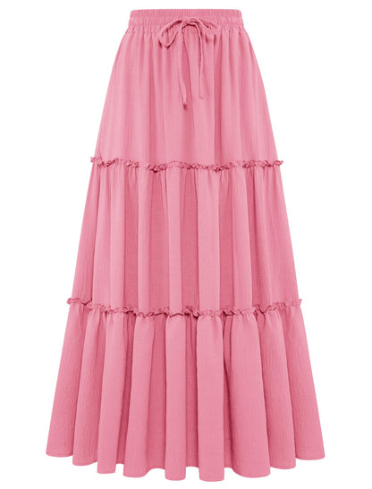 Arolina Women's Summer Maxi Skirt Trendy High Waist Pleated Ruffle Long Skirts Flowy Beach Boho Skirt Dress with Pockets