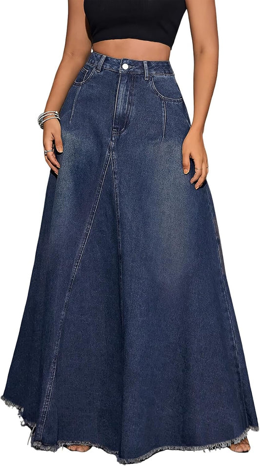 ebossy Women's Retro Distressed High Waist Frayed Hem A Line Wash Maxi Long Denim Skirt with Pockets