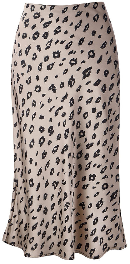 Keasmto Leopard Skirt for Women Midi Length High Waist Silk Satin Elasticized Cheetah Casual Ladies Skirts